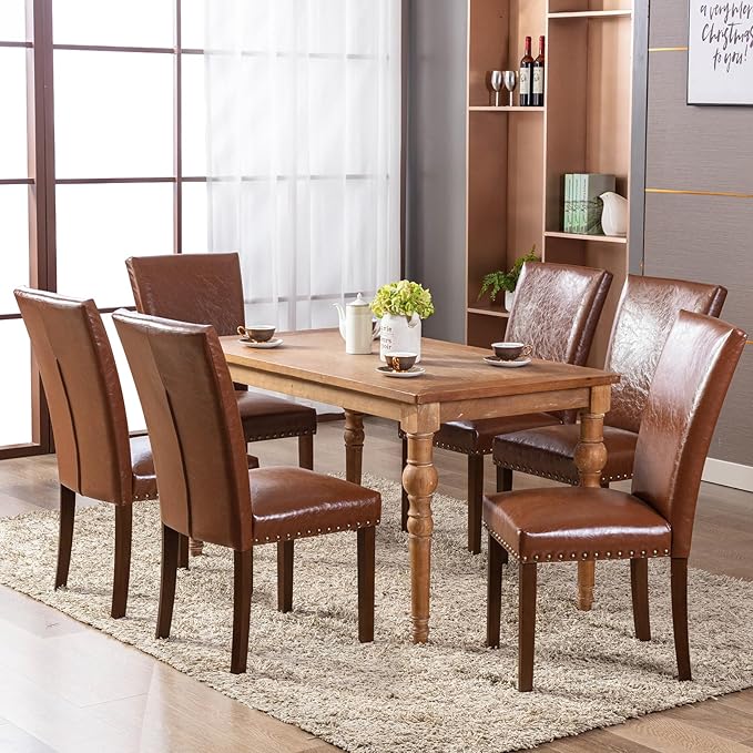 COLAMY Upholstered Parsons Dining Chairs Set of 4, PU Leather Dining Room Kitchen Side Chair with Nailhead Trim and Wood Legs - Light Brown