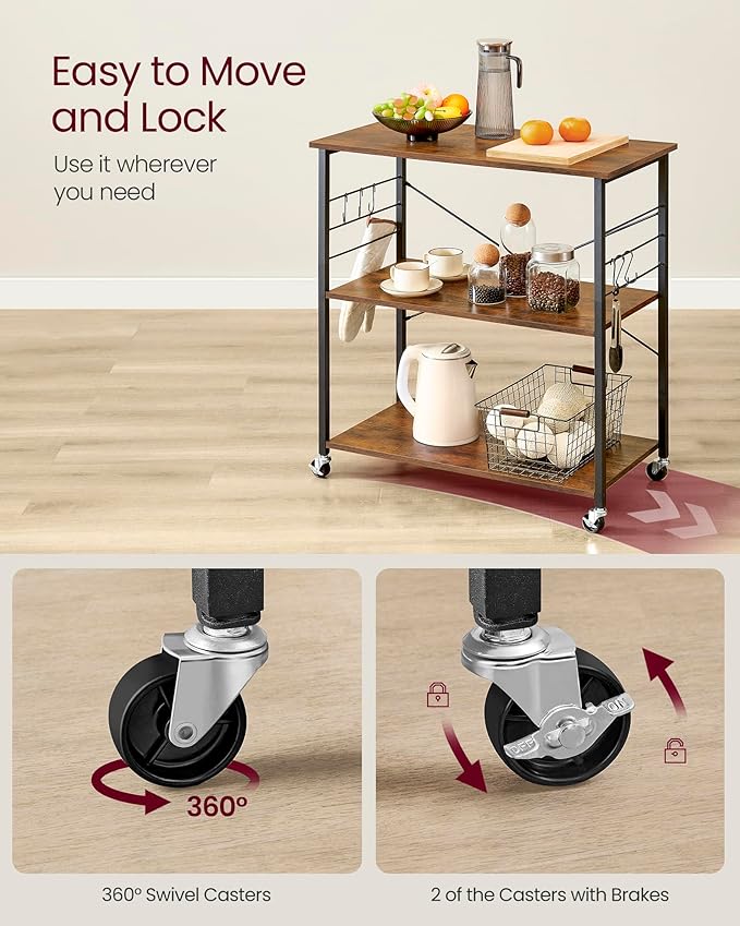 VASAGLE Kitchen Shelf on Wheels, Serving Cart with 3 Shelves, Kitchen Cart, Microwave Shelf, for Mini Oven, Toaster, with 6 Hooks, Industrial Style, Rustic Brown and Black UKKS067K01
