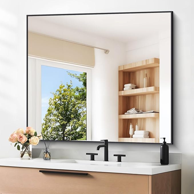 Black Bathroom Mirror for Wall, 36x40 Inch Rectangle Mirrors with Metal Frame, Modern Vanity Wall Mirror Decor for Entryway Hangs, Bathroom Living Room Horizontal or Vertical
