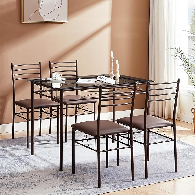 VECELO Kitchen Dining Room Table and Chairs [4 Placemats Included] 5-Piece Dinette Sets, Space Saving (Brown)