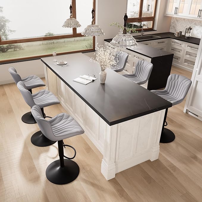 YOUNIKE Grey Bar Stools Set of 2 Modern Kitchen Counter Height Bar Chairs with Backs Faux Leather Upholstered Barstools Swivel Tall Adjustable Padded Breakfast Island Chair with Sturdy Metal Leg