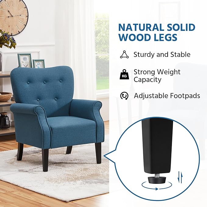 Yaheetech Modern Armchair, Mid Century Accent Chair with Sturdy Wood Legs and High Back for Small Space, Upholstered Fabric Sofa Club Chair for Living Room/Bedroom/Office, Navy Blue