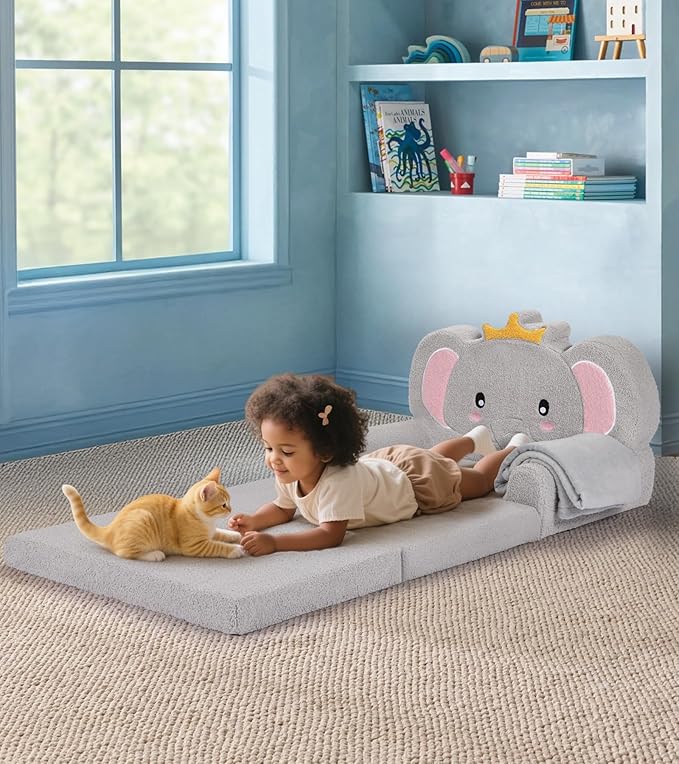 Kids Couch, 2-in-1 Soft Toddler Couch Fold Out with Blanket, Chair Comfy, Foldable Convertible Plush Sofa to Lounger, Gifts for Kids Girl Boys, Elephant