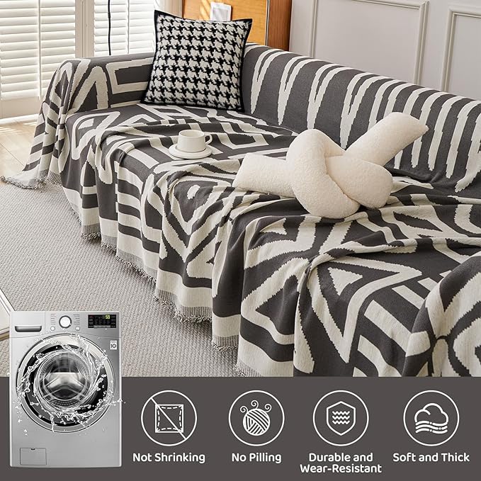 STACYPIK Simple Dark Grey Boho Sofa Cover for Sectional Soft Tassel Chenille Couch Cover for 3 Cushion Couch Reversible Loveseat Cover for Dogs Cats Non-Silp Furniture Cover Multi-Use Blanket-91x150IN