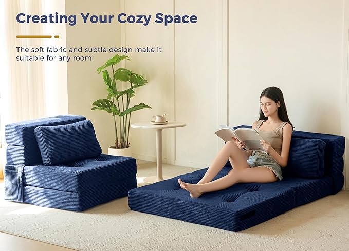 MAXYOYO Convertible Sofa Bed, Fold Out Single Sleeper Sofa with Pillow, 4 in 1 Tufted Folding Couch Bed Foam Floor Couch, Lazy Chair for Living Room Bedroom Guest Room, Navy