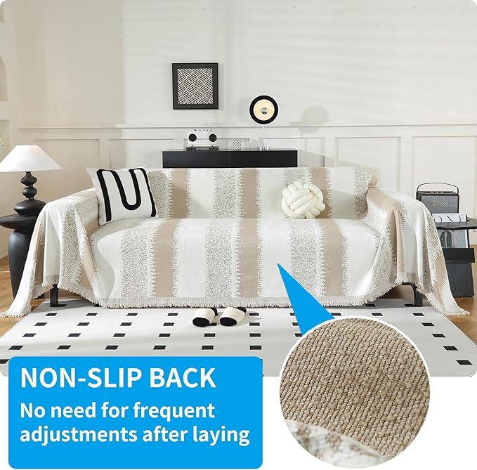 LUFEIJIASHI Boho Couch Covers for Sofa Non Slip Sofa Covers Washable Couch Covers for 3 Cushion Couch Sofa Pet Friendly Sectional Couch Cover Blanket Furniture Protector for Dogs (Khaki, 91"x118")