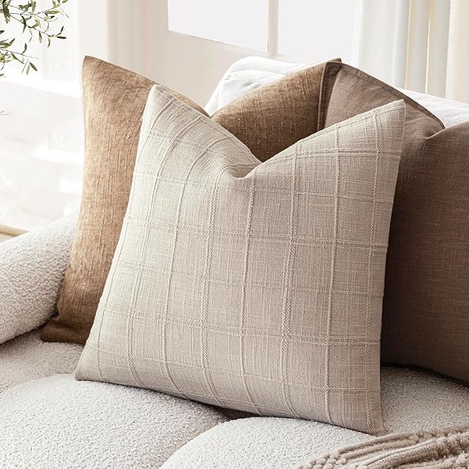 Foindtower Set of 2 Decorative Linen Check Throw Pillow Covers Neutral Farmhouse Vintage Cushion Covers Modern Boho Home Decor For Sofa Chair Couch Bedroom Living Room Outdoor,16×16 Inch,Natural Linen