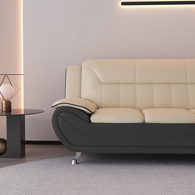 Container Furniture Direct Michael Modern Faux Leather Upholstered Stainless Steel Legs Living Room Sofa, Chair, Camel/Black