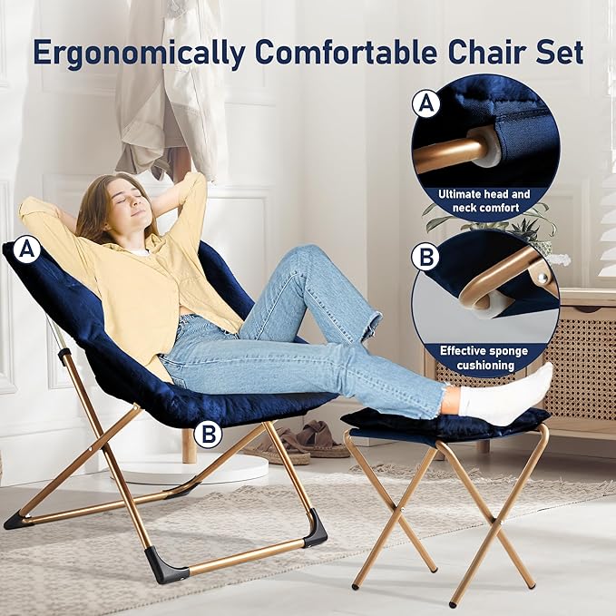 Comfy Oversized Saucer Chair with Ottoman,Soft Faux Fur Reading Lounge Chair for Adults,Stable X-Large Metal Frame and Non-Slip Pad,Cozy Chair for Bedroom, Living Room, Dorm, Office, Blue