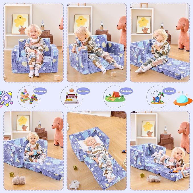 Toddler Couch,Toddler Chair,2-in-1 Baby Seat Furniture Fold Out, Convertible Sofa to Lounger Comfy Glow in The Dark Sofa Bed,Gifts for Kids Girl Boys,Rocket,Medium