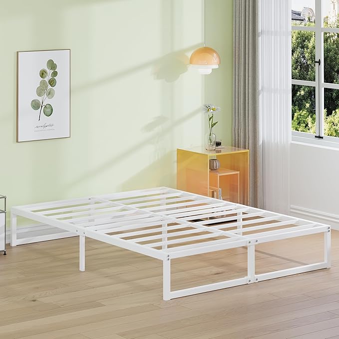 EMODA 12 Inch California King Bed Frame, Metal Platform White Bed Frame No Box Spring Needed, Heavy Duty Steel Slats Support, Easy Assembly, Noise Free