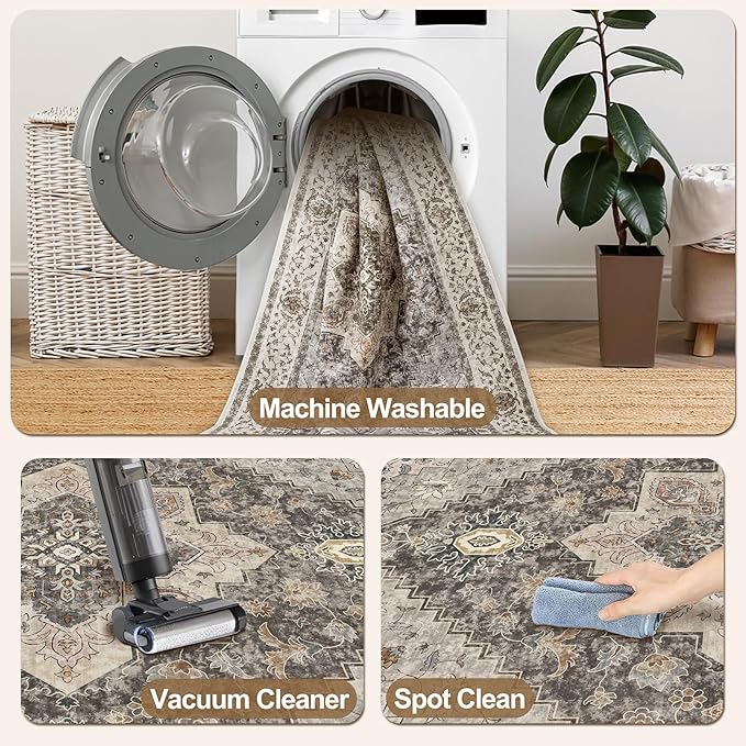 Tangsoo 8x10 Area Rugs for Living Room, 8x10 Washable Rug Vintage Indoor Non Slip Large Area Rugs, Print Distressed Brown/Grey Carpet, Soft Low Pile Foldable Floor for Bedroom Dining Room Dorm