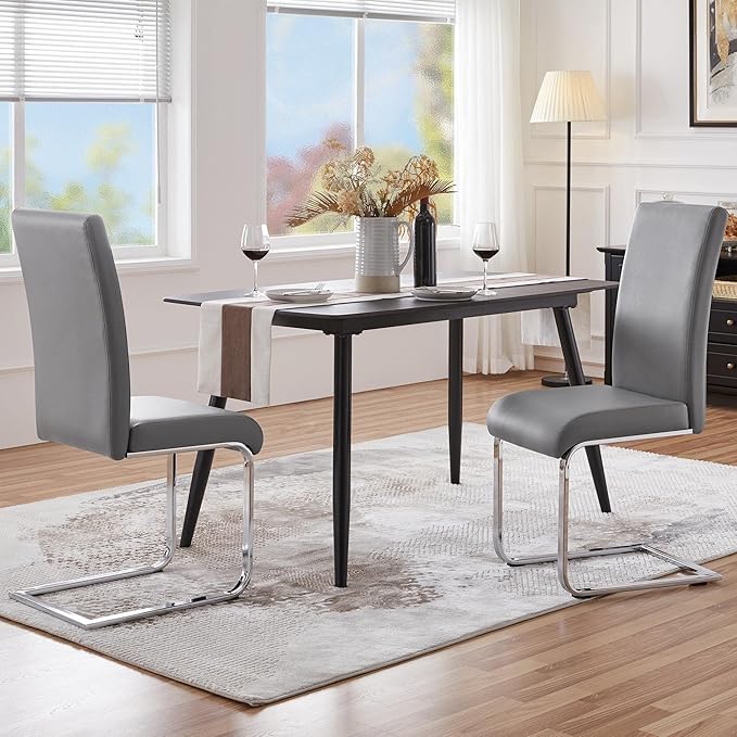 Yaheetech Dining Chairs Set of 4 Modern Faux Leather Upholstered Dining Room Chairs with High Back and Metal Chrome Legs for Kitchen/Living Room/Restaurant, Light Gray