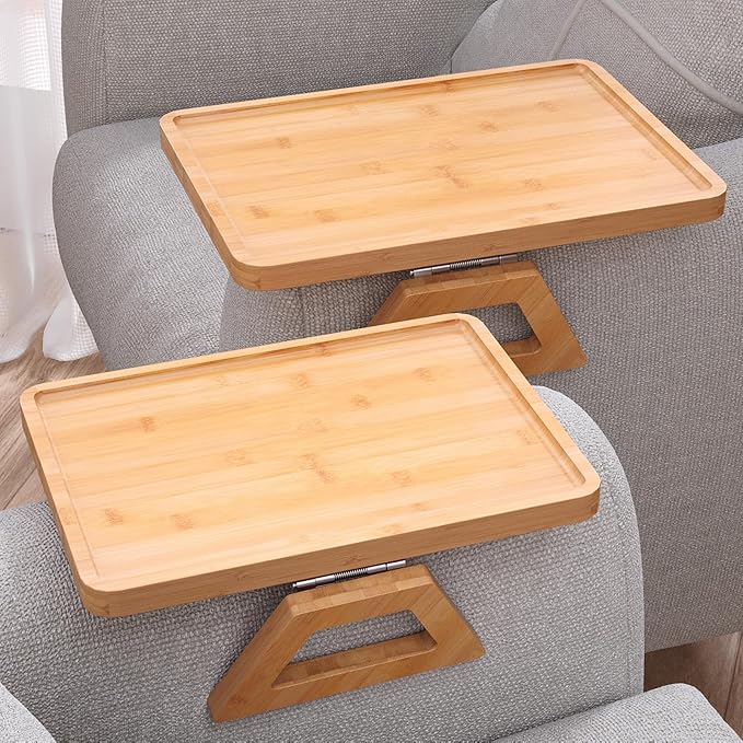 2 Pack Couch Arm Tray,Bamboo Folding Sofa Tray,Sofa Armrest Trays Clip-On Couch Desk for Drinks,Snacks,Phone,Remote Control（Natural）