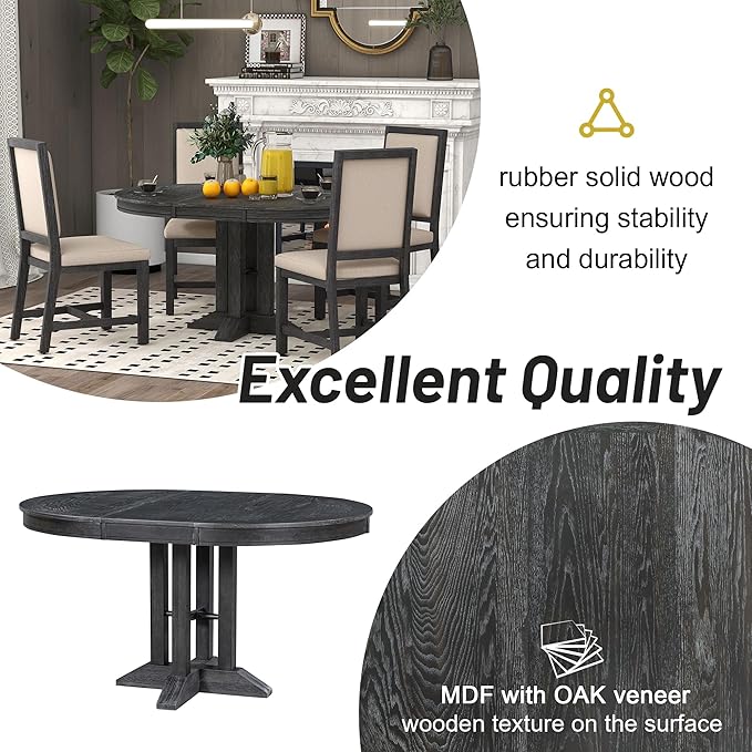 ERYE Mid-Century Modern Functional Extendable Wooden Round Dining Table with 14" Adjustable Leaf and Pillar-Trestle Legs, Wood Oval Dining Table