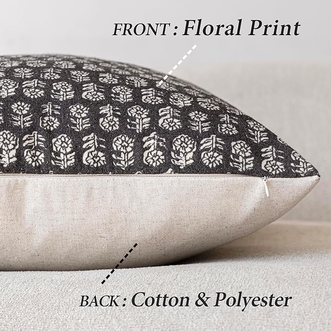 Foindtower Set of 2 Decorative Vintage Floral Print Throw Pillow Covers Neutral Modern Farmhouse Cushion Covers Boho Home Decor for Sofa Couch Chair Bedroom Living Room Outdoor,20×20 Inch,Black