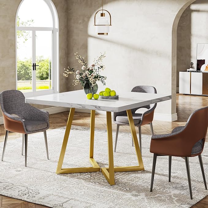 Tribesigns Square Dining Table for 6, 31.5" Modern Dinner Table with Metal Base, Kitchen Table for Dining Room, Small Space, Apartment, White & Gold