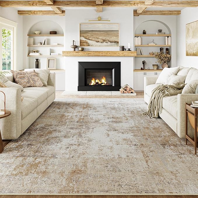 6x9 Washable Area Rug Gold Grey Neutral Abstract Living Room Bedroom Large Throw Rug Non Slip Soft Low Pile Indoor Floor Carpet for Dining Room Kitchen Office Entryway