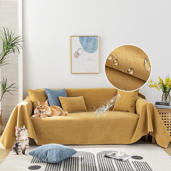STACYPIK Waterproof Yellow Sofa Cover for Dogs, Non-Slip Anti-Scratch Couch Cover for Loveseat, Pet Protector for 2 Cushion Couch,L Shaped Couch for Sectional, Washable Furniture Bed Cover-71X118IN