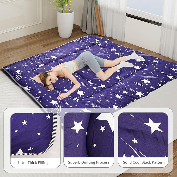 Japanese Floor Mattress,Roll Up Memory Foam Tatami Mat Easy to Store and Portable,Futon Mattress Suitable for Camping and Guest Room (Blue, Queen (80" X 60"))