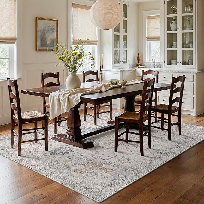 GENIMO 6x9 Area Rugs for Living Room, Machine Washable Low Pile Rugs, Chenille Non Alip Vintage Rug for Bedroom, Dining Room, Home Office, Light Taupe Brown