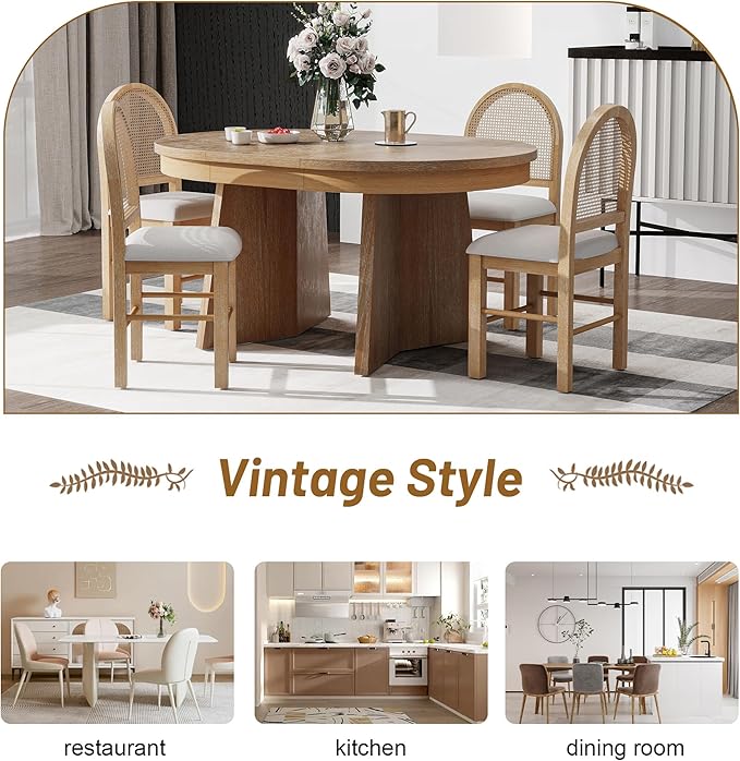 Ball & Cast Retro Dining Table Set for 4 with 4 Upholstered Chairs,5-Piece Wooden Living Room Furniture W/ 58" Round Extendable Kitchen Desk,for Small Space,Apartment,Dining Room,Natural Wood Wash