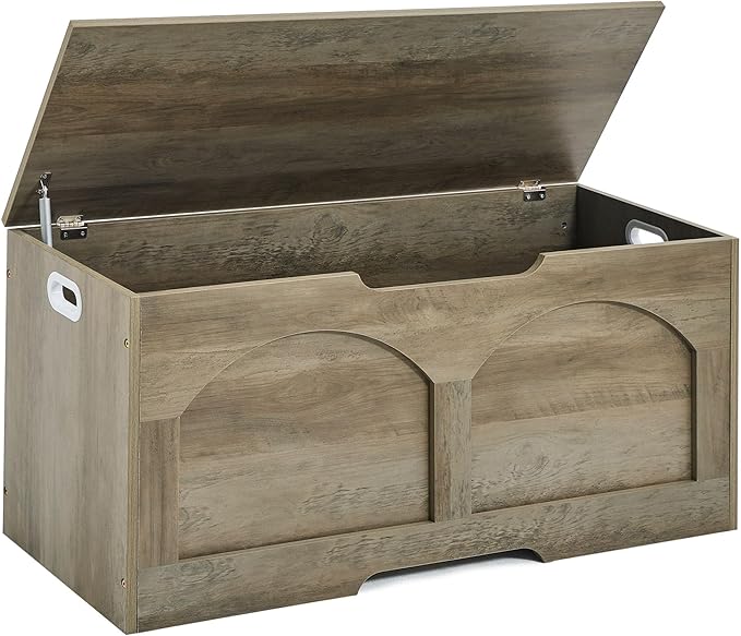 Storage Chest Bench, 31.5" Retro Storage Trunk Chest, Entryway Bench Supports 330 lb, Upgraded Safety Lift Support Hinge, Entryway Bench, U-Shaped Opening for Entryway Living Room, Greige