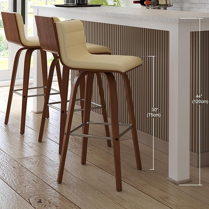 Vienna 30" Swivel Bar Stool in Walnut Wood Finish with Cream Faux Leather - Set of 3
