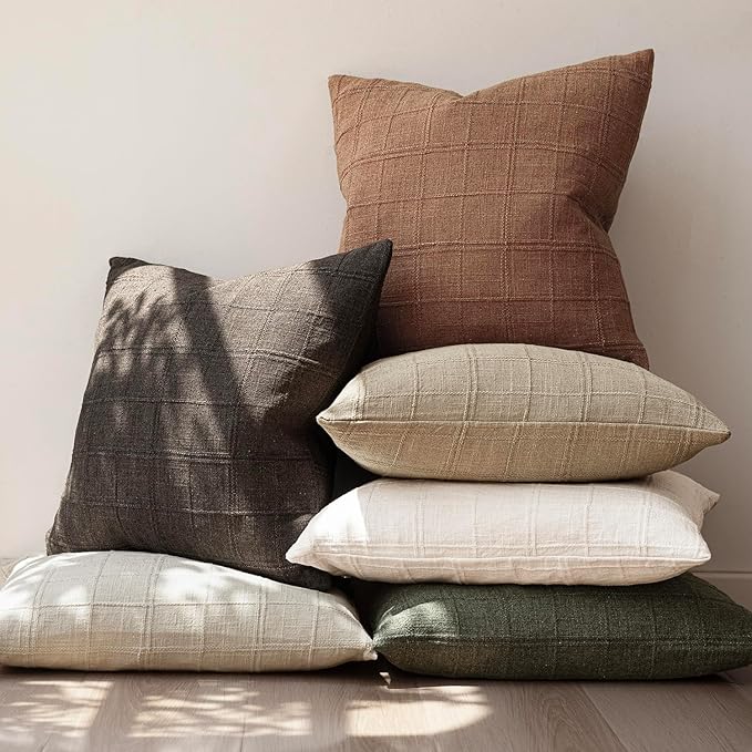 Foindtower Set of 2 Decorative Linen Check Throw Pillow Covers Neutral Farmhouse Vintage Cushion Covers Modern Boho Home Decor for Sofa Chair Couch Bedroom Living Room Outdoor,22×22 Inch,Dark Brown