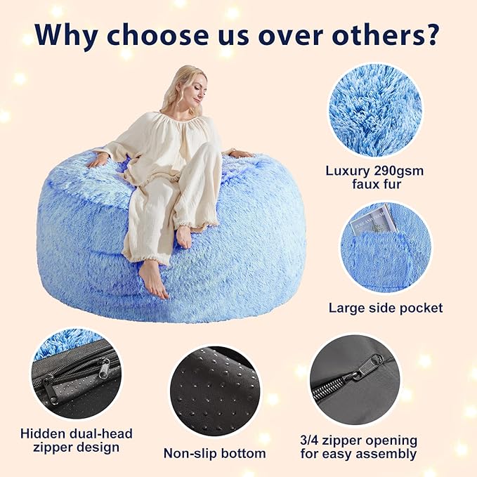 Bean Bag Covers Only, Fluffy Stuffed Beanbag Chair Covers No Filler, Washable Bean Bags Cover for Adults, Stuffed Animal Bean Bag Anti-Slip, 5FT, Blue