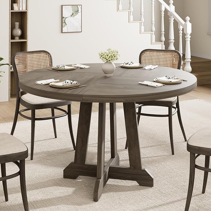 Dining Table for 4 to 6 People, 47 Inch Round Dining Table, Wooden Kitchen Table with Sturty Legs, Dining Room Table for Dining Room, Kitchen, Grey