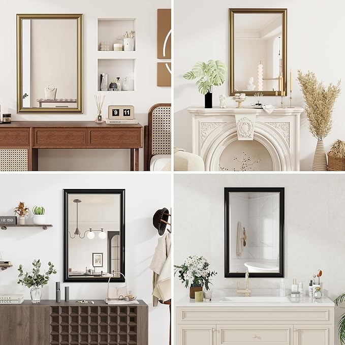 Axeman 32x48 Rectangular Wall Mirror, Decorative Bathroom Mirror, Traditional Vintage Wall Mounted Mirror with Beaded Frame for Accent Living Room Vanity Bedroom Entryway, Gold