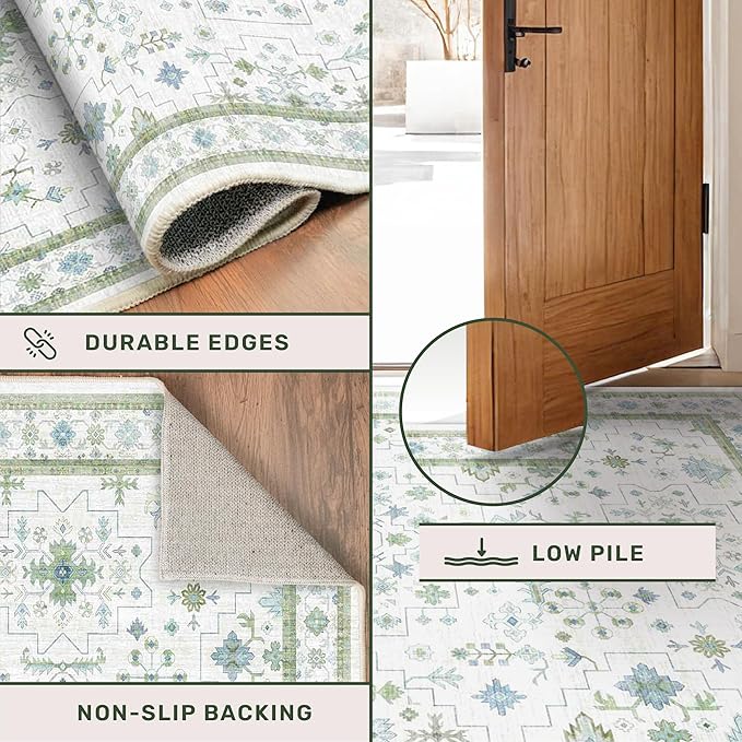 Cream Green and Blue Turkish Bathroom Runner 2x5 - Oushak Vintage Boho Floral Pastel, Washable Low Pile Non Slip Stain Resistant Small Throw Rug for Kitchen, Bedroom, Laundry