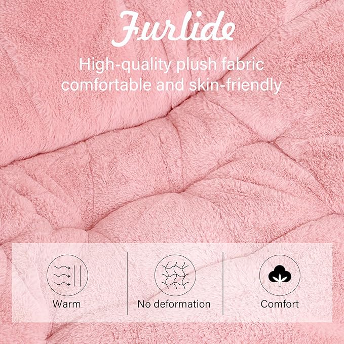Dorm Chair with Ottoman, X-Large Soft Saucer Chair, Oversized Folding Faux Fur Accent Chair, Foldable Metal Frame Chair for Bedroom, Living Room (Pink)