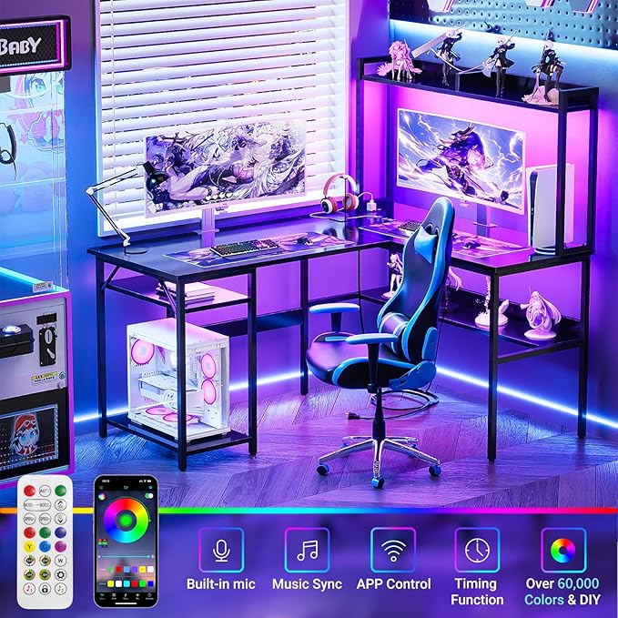 L Shaped Computer Desk with Hutch and Storage Shelves, Gaming Desk with LED Lights, Reversible L-Shaped Desk with Power Outlets, Home Office Desk, Corner Desk, Black