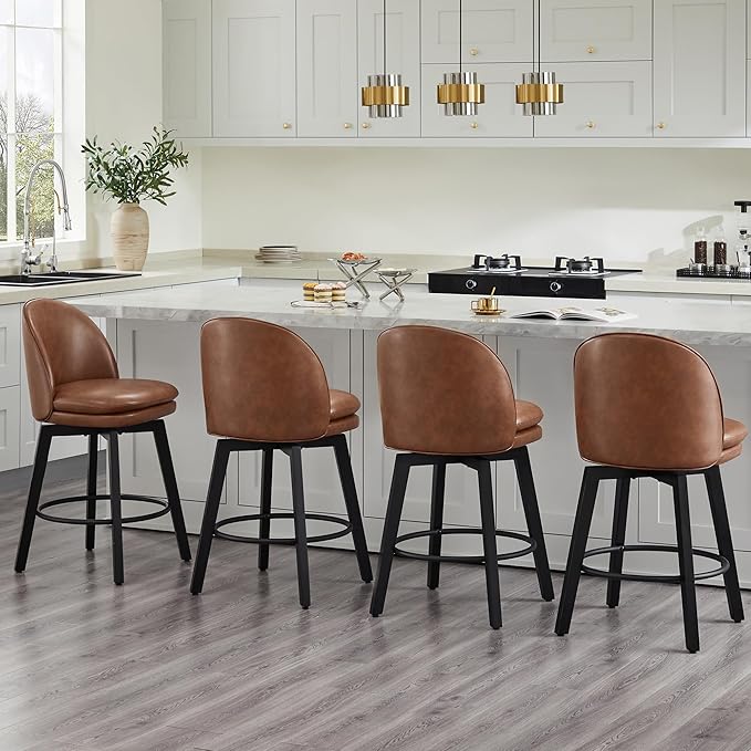 Counter Height Barstools 26 inch Upholstered Swivel Bar Stools with Back and Wood Legs for Kitchen Island,Set of 4,Brown PU Leather-Armless