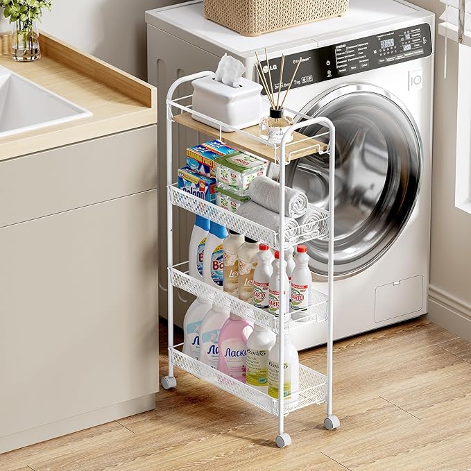 KINGRACK Metal Slim Rolling Cart,4-Tier Metal Utility Cart,Storage Cart with Wooden Tabletop, for Narrow Space on Laundry Bathroom Kitchen Room Bedroom Apartments Dormitory (Pure White, Slim)