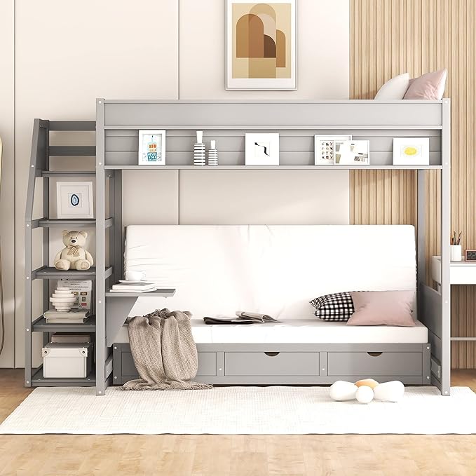 Full Size Wood Bunk Bed with Storage Staircase, Bedside Table, and 3 Drawers,Convertible Down BedFrame,No Box Spring Required,for Kids Boys Girls Teens, Gray