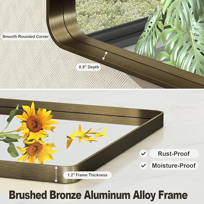 48x32 Bronze Framed Bathroom Mirror, Brushed Bronze Metal Vanity Mirror, Bronze Rectangle Mirror for Wall, Rounded Corner, Tempered Glass, Anti-Rust, Shatterproof (Horizontal/Vertical)