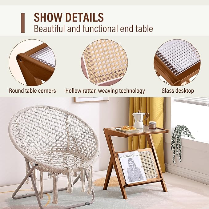 Tiita Rattan Nightstand Side Table, Bamboo Accent Bedside Tables, Glass Coffee Tables, Boho Wooden End Table with Storage for Small Space, Living Room and Bedroom