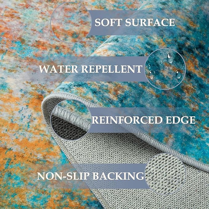 Washable Area Rugs 2'x3' Non-Slip Modern Abstract Soft for Living Room Entryway Bedroom Nursery, Print Pattern, Teal Blue Green Orange Rust Red Colorful