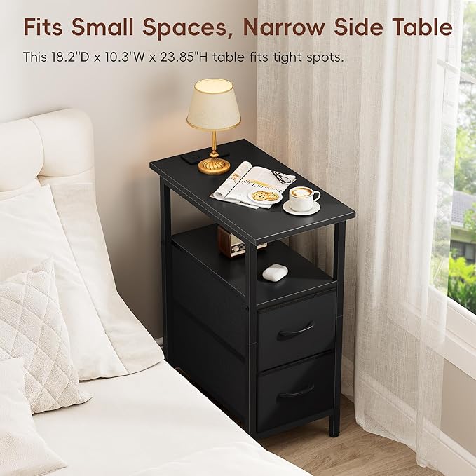 Vagusicc Black End Table with Charging Station, Narrow Side Table, 23.8'' Tall Nightstand with 2 Fabric Drawers, Small Sofa Side Table Narrow Nightstand for Small Spaces, Living Room, Bedroom, Black
