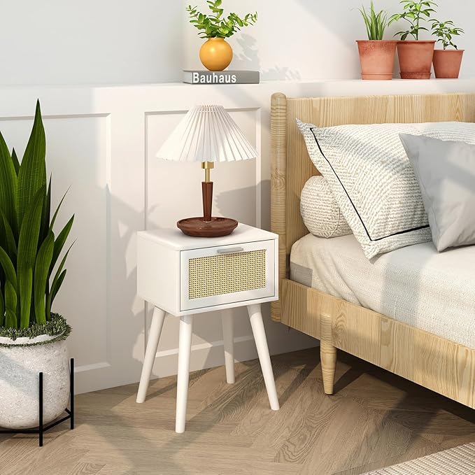 LAATOOREE Table, Nightstand Set of 2 - Small End Table with Rattan Door, Boho Style for Bedroom Living Room - White