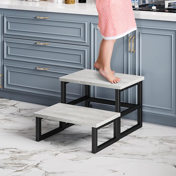 Homeiju 3 in 1 Step Stools for Adults Kids Toddler, Heavy Duty Wooden Step Stool with Non-Slip Pads, 2 Tire Step Stool for Kitchen Bathroom Bedroon Stepping Stool, Light Grey