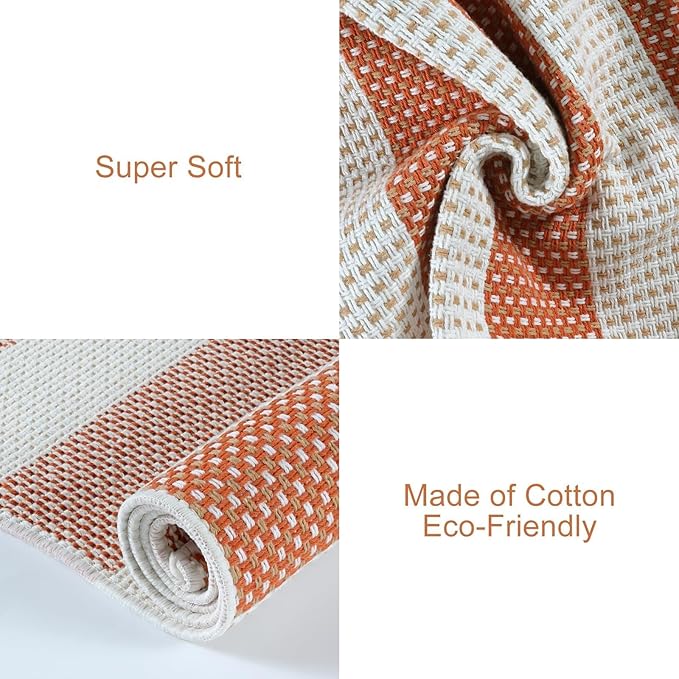 OJIA Outdoor Rug 4'x6', Cotton Woven Patio Rug Washable Rugs Front Porch Rug Outdoor Door Mat Entryway Rugs Indoor Area Rugs Floor Mat for Backyard/Entry/Kitchen/Bedroom/Living Room (Orange/White/Tan)