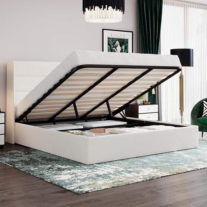 SHA CERLIN King Size Lift Up Storage Bed/Velvet Upholstered/Modern Wingback Headboard/Upholstered Platform Bed Frame/Hydraulic Storage/No Box Spring Needed/White