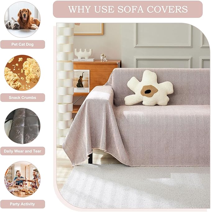 STACYPIK Solid Pink Sofa Cover for Pets Dogs, Cooling Chenille Herringbone Couch Cover for Sectional, Washable Pet Slipcover for 3 Cushion Couch, Anti-Slip Stain-Resistant Furniture Protector-71X134IN
