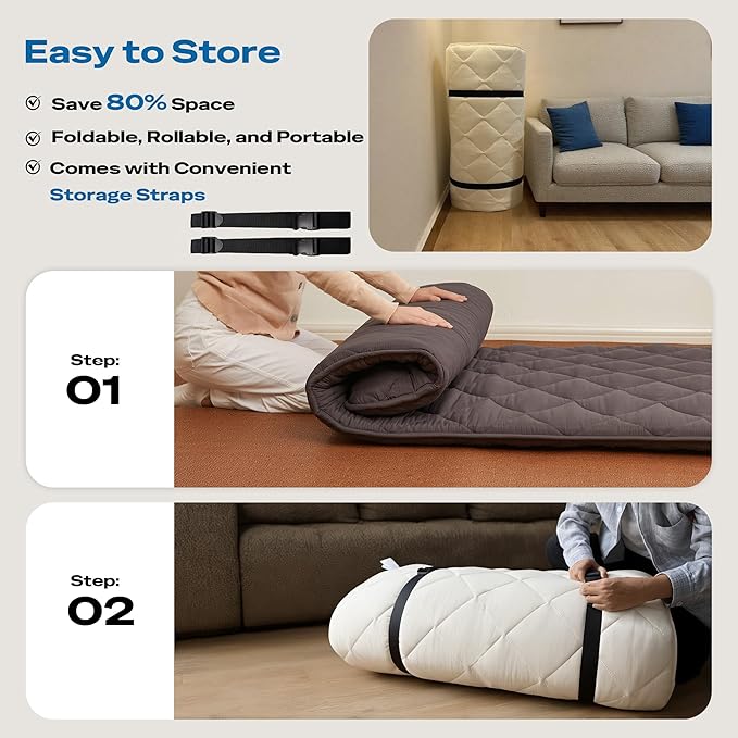 Japanese Floor Futon Mattress, Roll Up Tatami Mat, Sleeping Pad, Shikibuton, CertiPUR-US Certified Foam Floor Bed Mattress for Sleeping, Dormitory, Guest Bed, Designed in Japan(Grey, Twin)
