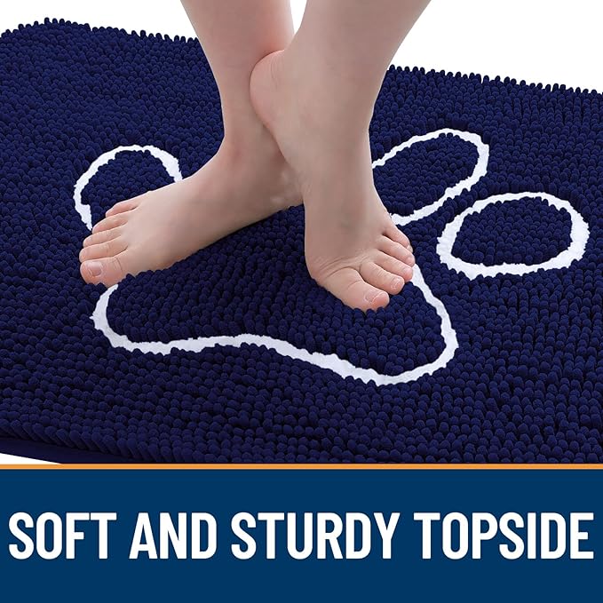 OLANLY Door Mat for Muddy Dog Paws 47x24, Ultra Absorbent Chenille Mud Doormat with Paw Print Design, Non-Slip Washable Doormat for Indoor Entryway, Quick-Dry Pet Bed Mats for Dirty Dogs, Navy Blue