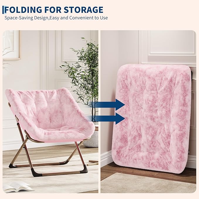 Comfy Chair for Adults, Foldable Living Room Chairs, Soft Faux Fur Folding Lounge for Bedroom Living Room Dorm Rooms, Flexible Reading Chair for Teens (1, Pink, Extra Large)